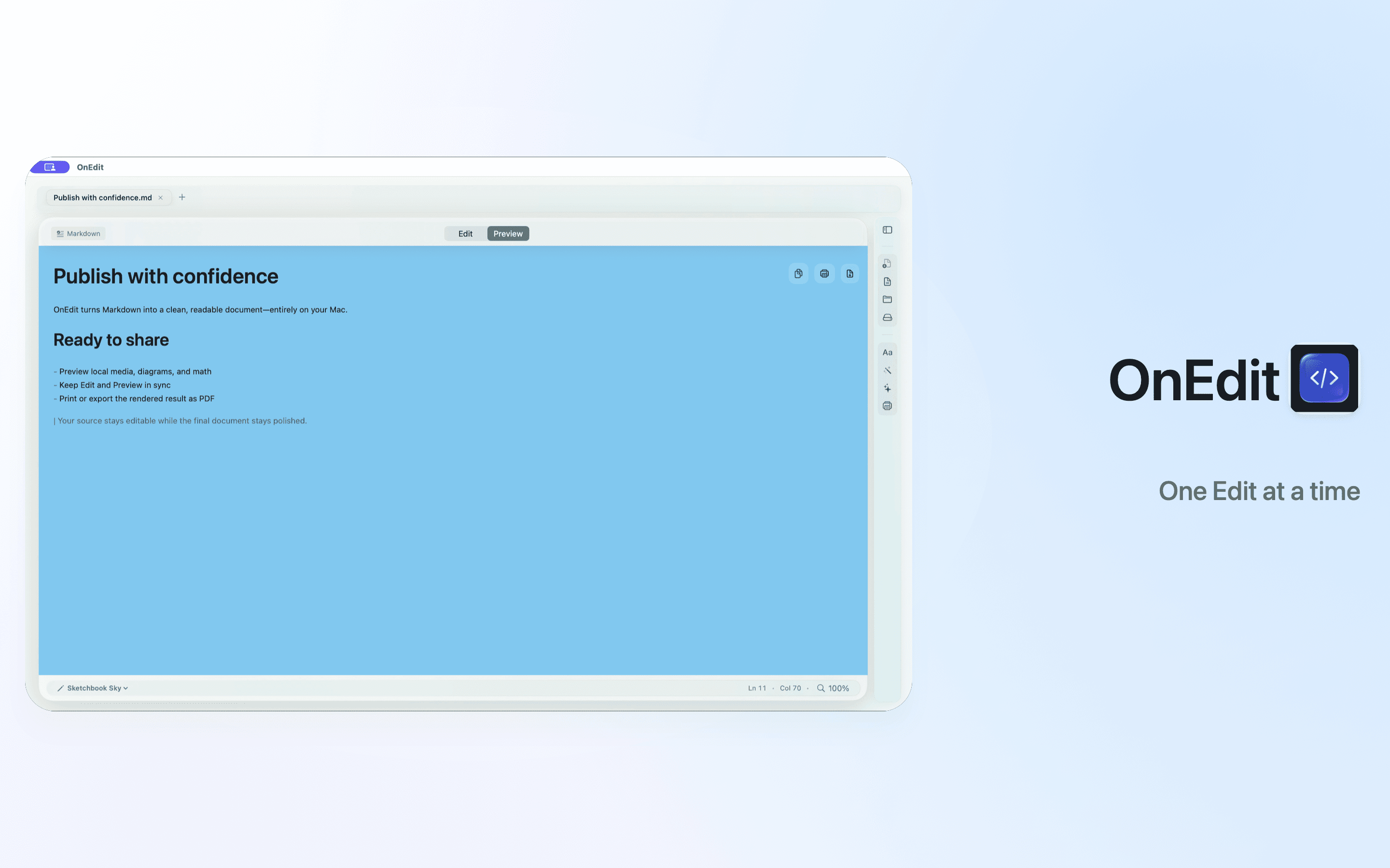 OnEdit rendered Markdown preview with print and PDF export actions