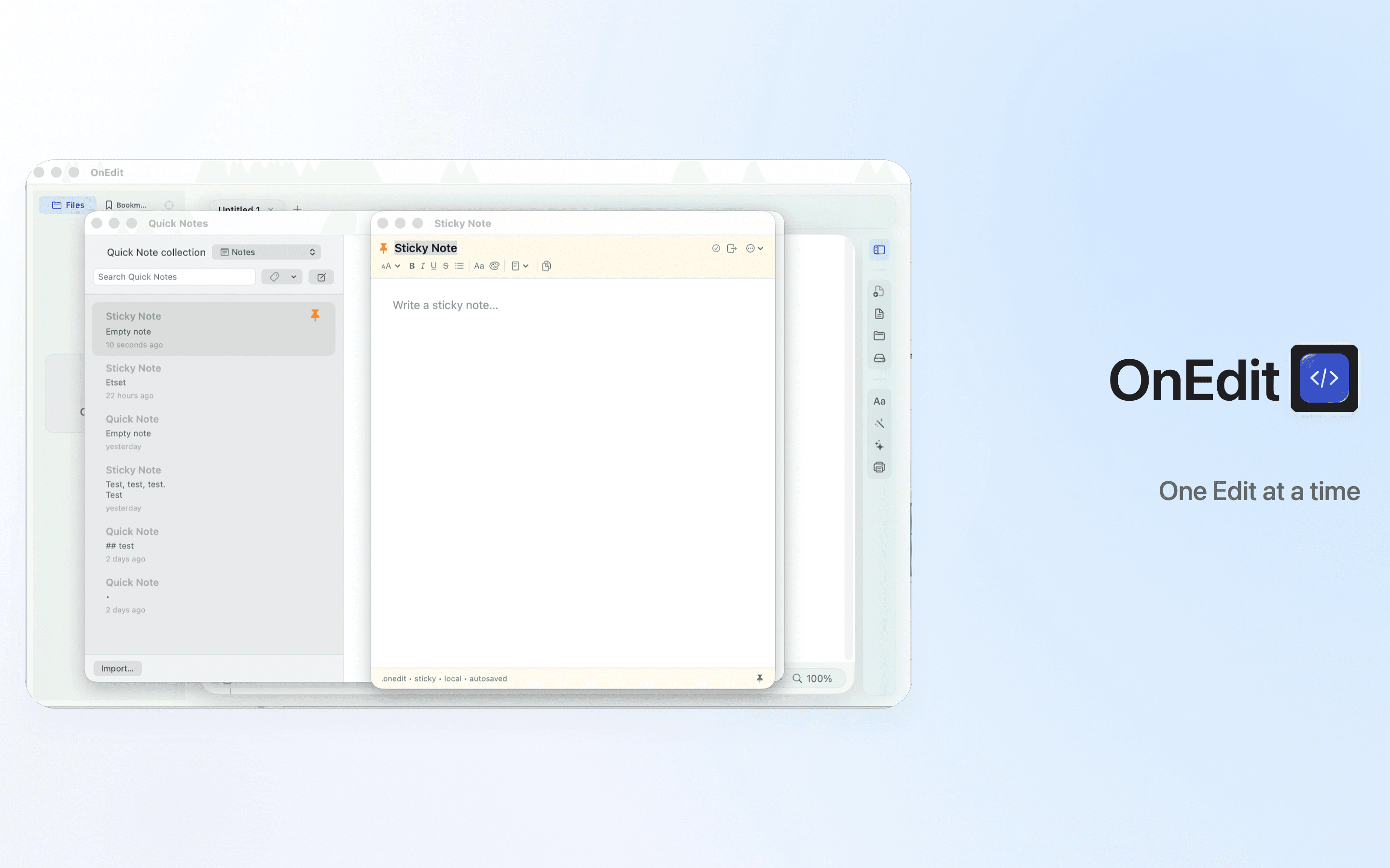 OnEdit 6.0 Quick Notes manager with an editable floating Sticky Note