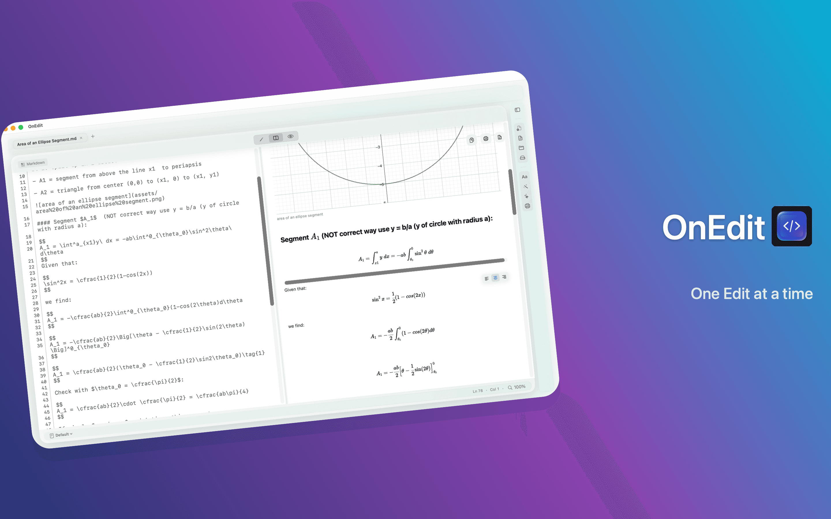 OnEdit 6.1 Side by Side Preview showing Markdown source beside rendered equations and an image