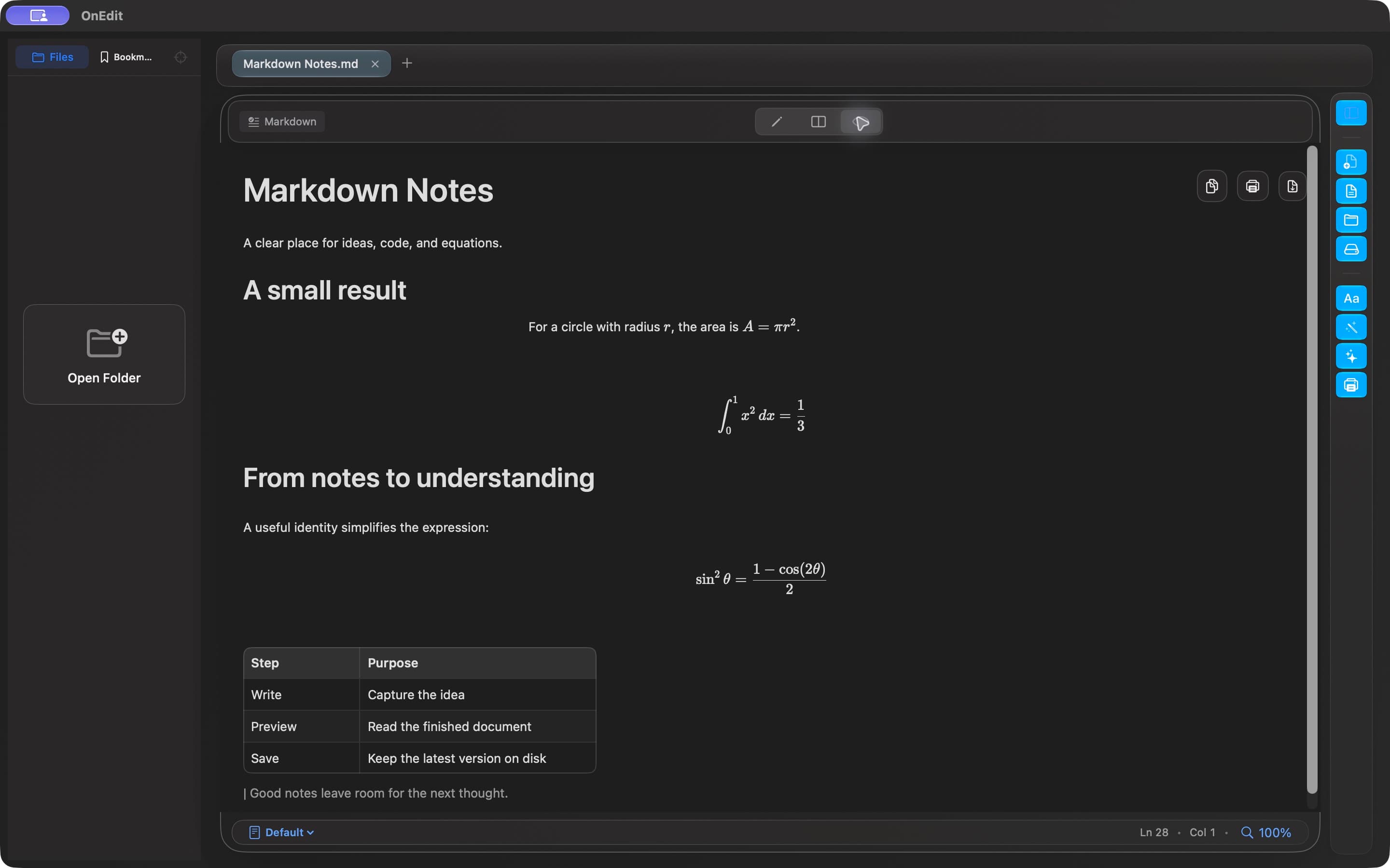 OnEdit 7.0 development preview with rendered Markdown, equations, and a table in Dark appearance