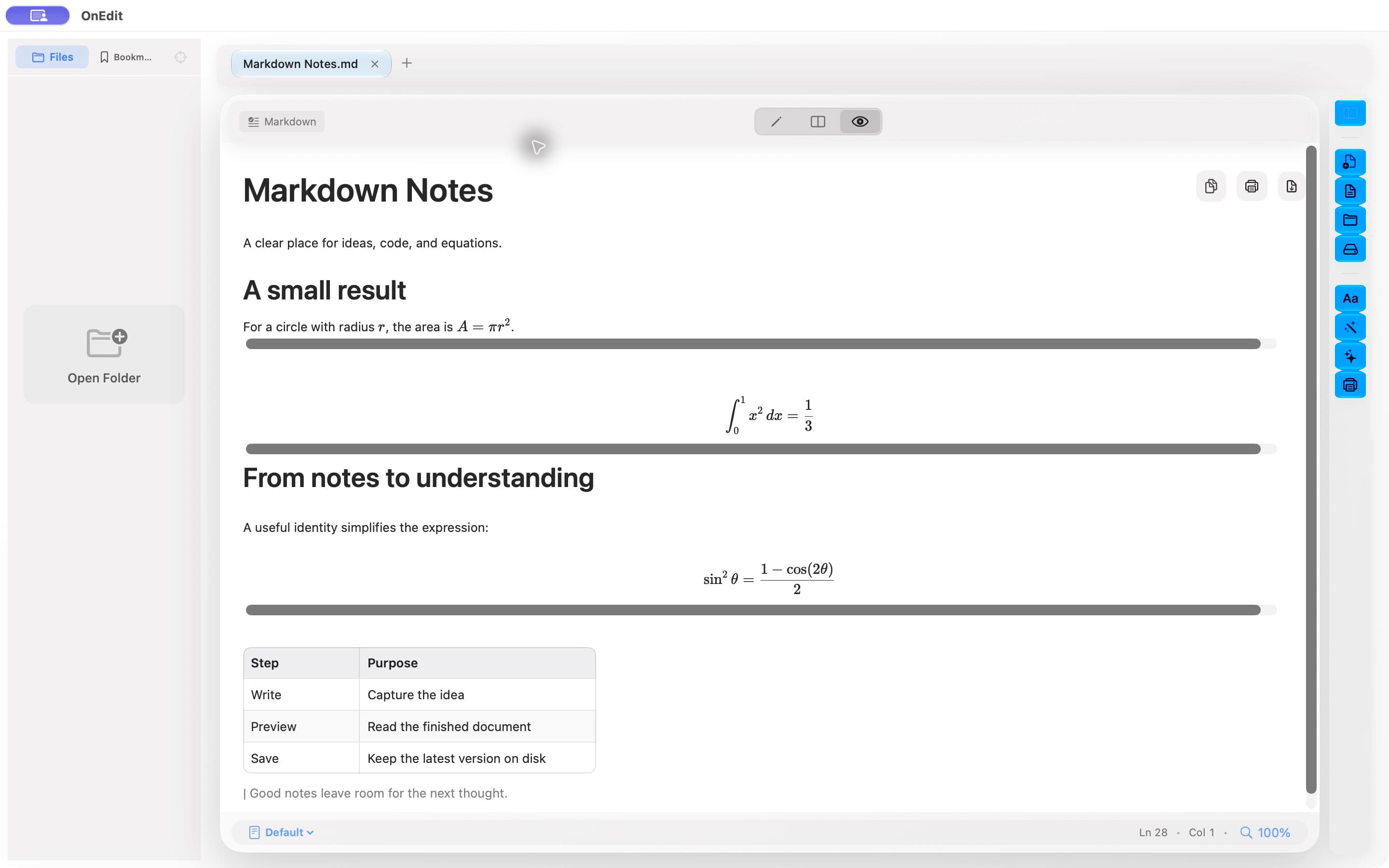 OnEdit 7.0 development preview with rendered Markdown, equations, and a table in Light appearance