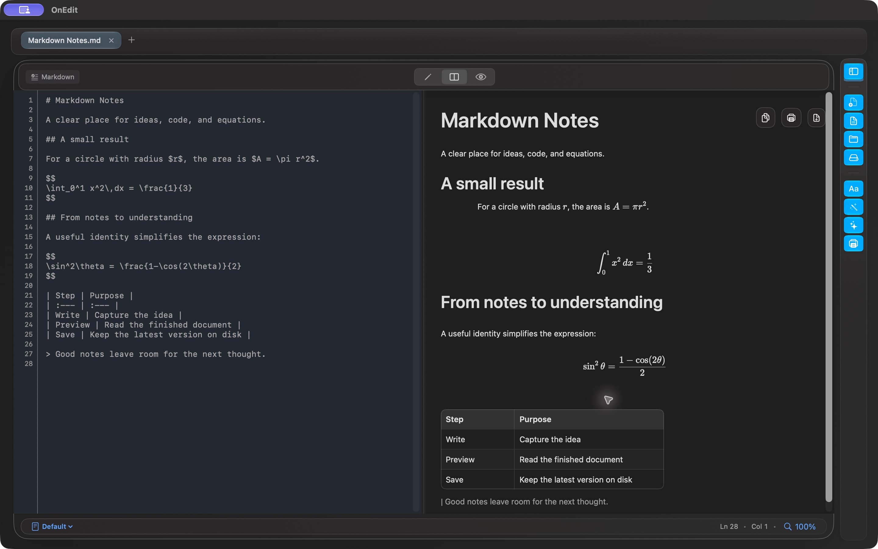 OnEdit 7.0 development preview with Markdown source beside rendered math and a table in Dark appearance
